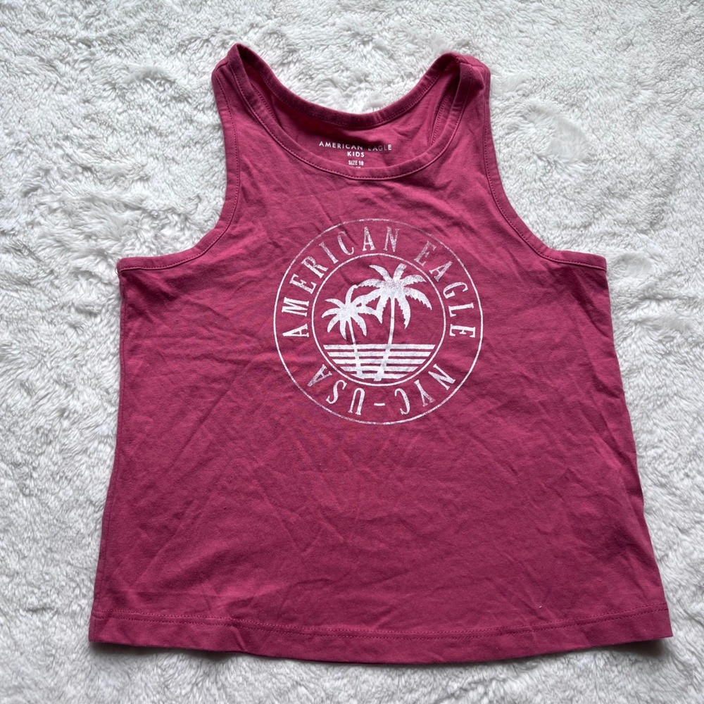 American Eagle Kids Girls Pink Palm Tree Graphic Racerback Tank Top Size 10 8-9Y